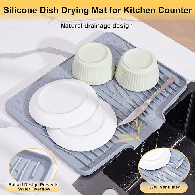 icone Dish Drying Mat for Kitchen Counter,Non-Slip Dish Drying Pad with Drain Lip,Heat Resistant Sink