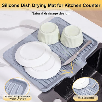 icone Dish Drying Mat for Kitchen Counter,Non-Slip Dish Drying Pad with Drain Lip,Heat Resistant Sink