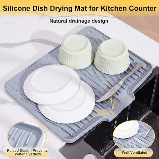 icone Dish Drying Mat for Kitchen Counter,Non-Slip Dish Drying Pad with Drain Lip,Heat Resistant Sink